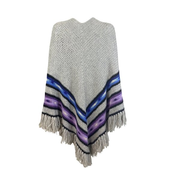 Handmade Crochet Poncho Womens One Size Gray Multicolor Striped Fringe Detail - Picture 2 of 9